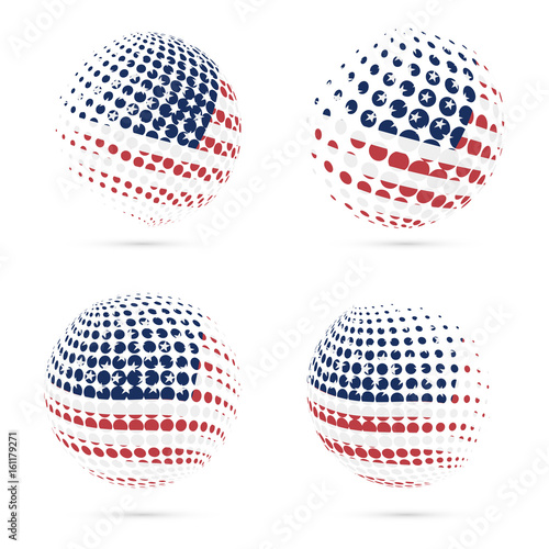 USA halftone flag set patriotic vector design. 3D halftone sphere in USA national flag colors isolated on white background.