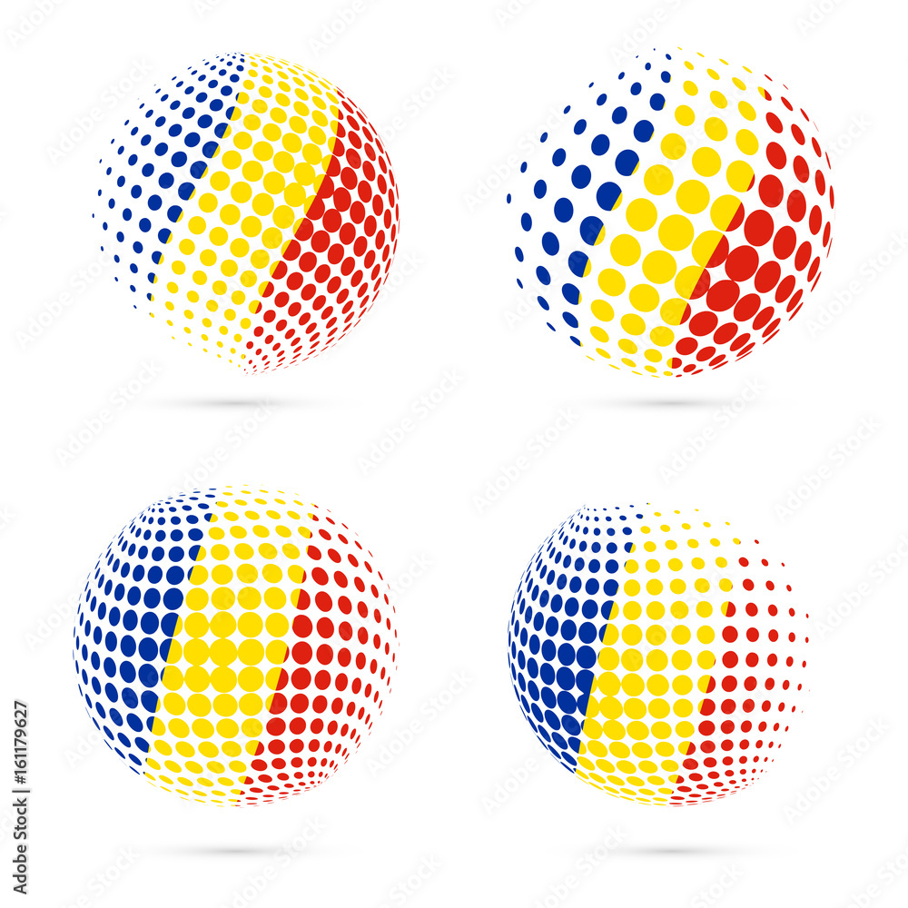 Romania halftone flag set patriotic vector design. 3D halftone sphere in Romania national flag colors isolated on white background.