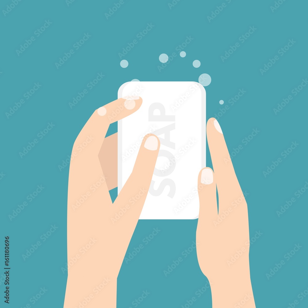 Fototapeta premium Hand holding soap. Wash hands. Vector illustration.