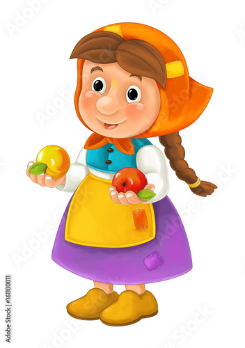 Cartoon happy character of farm woman holding two apples in hands - traditional clothes - isolated - illustration for children