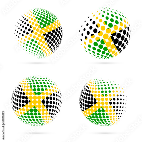 Jamaica halftone flag set patriotic vector design. 3D halftone sphere in Jamaica national flag colors isolated on white background.