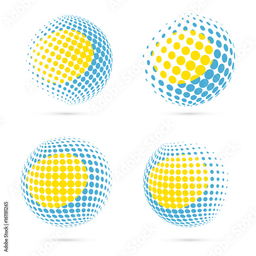 Palau halftone flag set patriotic vector design. 3D halftone sphere in Palau national flag colors isolated on white background.
