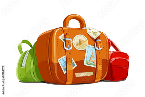 Suitcase and bag for travel with stickers. Touristic baggage.