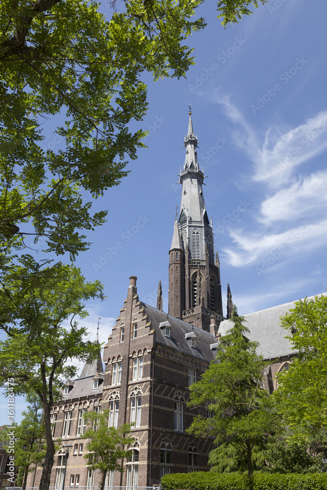 boniface church in leeuwarden capital of friesland on sunny summer day seen through trees boniface church in leeuwarden capital of friesland on sunny summer day seen through trees
