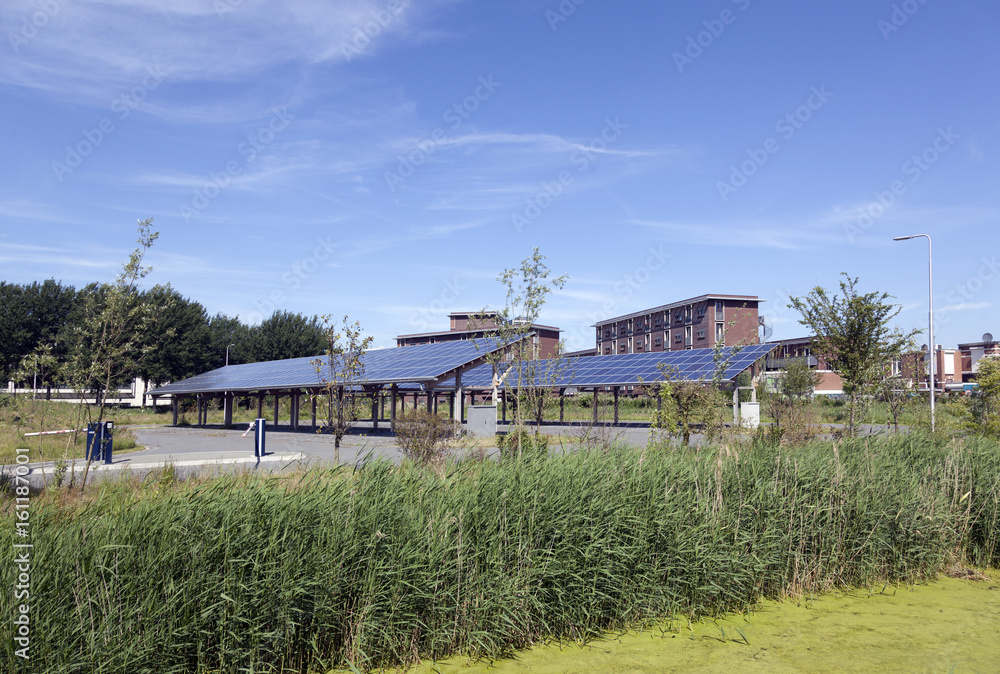 solar panels on roof of car parking at water campus leeuwarden in the  netherlands