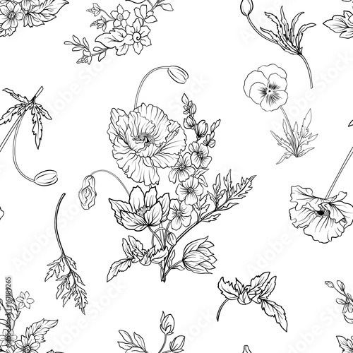 Seamless pattern with poppy flowers daffodil, anemone, violet in