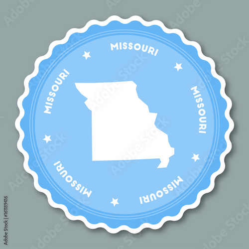 Missouri sticker flat design. Round flat style badges of trendy colors with the state map and name. US state sticker vector illustration.