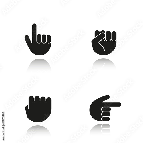 Hand gestures drop shadow black icons set