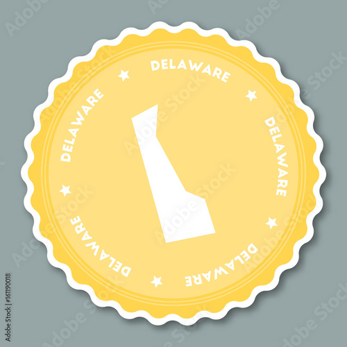 Delaware sticker flat design. Round flat style badges of trendy colors with the state map and name. US state sticker vector illustration.