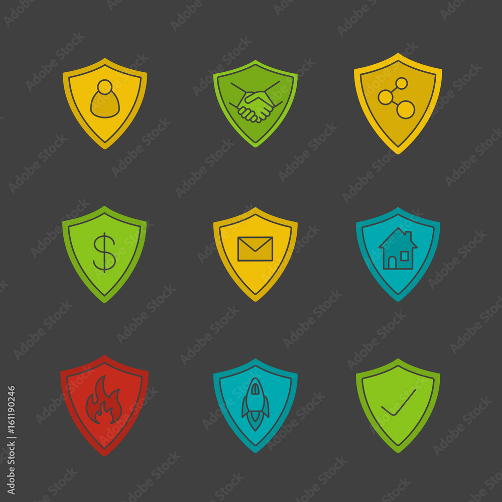 Protection shields glyph color icon set Protection shields glyph color icon set