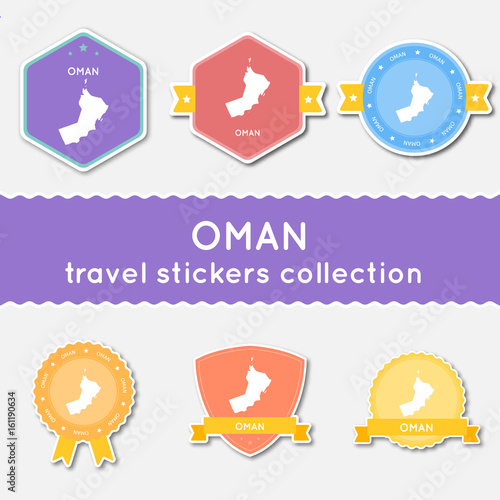 Oman travel stickers collection. Big set of stickers with country map and name. Flat material style badges vector illustration.