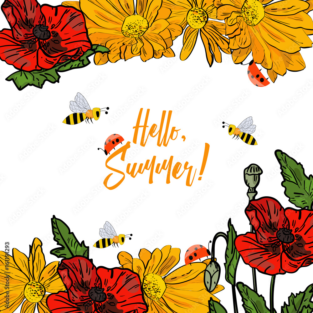 Vector drawn floral composition with yellow chrysanthemum, poppies and funny bees and ladybirds. Sketch style. Hello, summer.