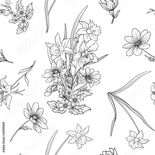 Seamless pattern with poppy flowers daffodil, anemone, violet in