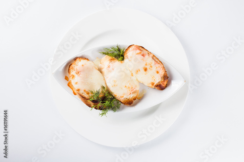 hot sandwich with salmon and mozzarella (close)