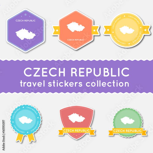 Czech Republic travel stickers collection. Big set of stickers with country map and name. Flat material style badges vector illustration.