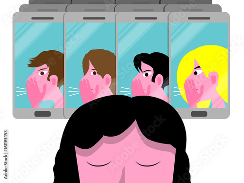 Cyber bullying conceptual vector illustration with sad girl, female teenager molested by a group on cellphones isolated on white