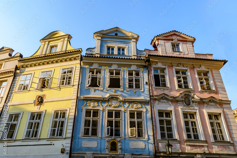 Beautiful traditional building facades with different colours in Prague, Czech Republic