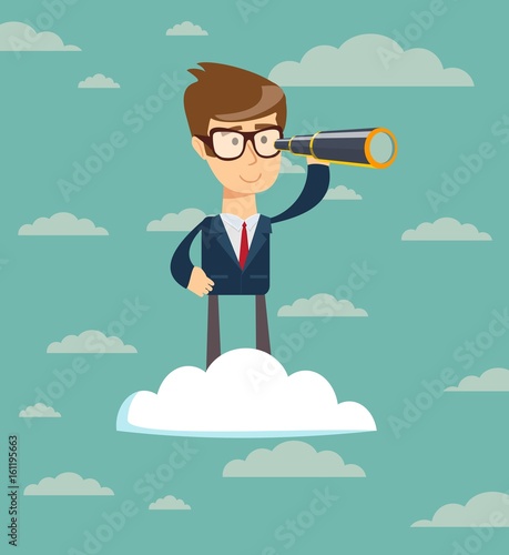 successful businessman with telescope on cloud . Business Vision Concept.