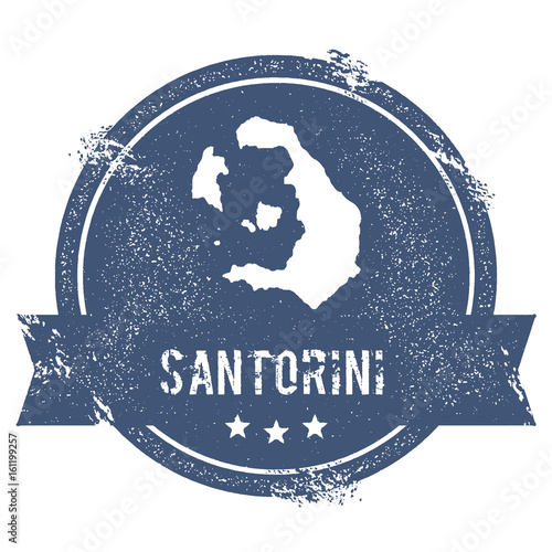 Santorini logo sign. Travel rubber stamp with the name and map of the island, vector illustration. Can be used as insignia, logotype, label, sticker or badge.