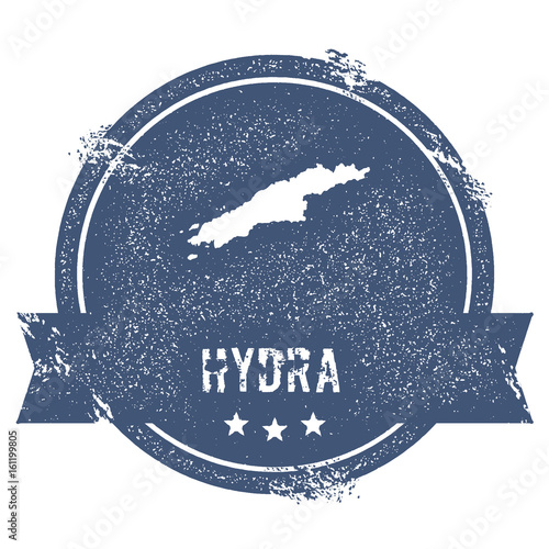 Hydra logo sign. Travel rubber stamp with the name and map of the island, vector illustration. Can be used as insignia, logotype, label, sticker or badge.