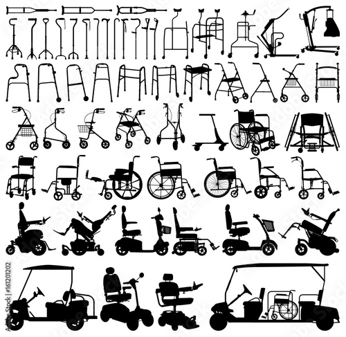 Mobility aids for elderly and disabled people vector silhouettes collection photo