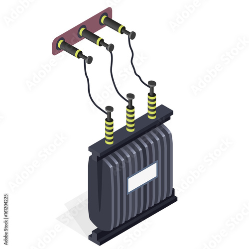 Detail of power plant. Power station element. Electric transformer isometric building info graphic. High-voltage power station. Pictogram industrial electricity set. Flatten isolated master vector.