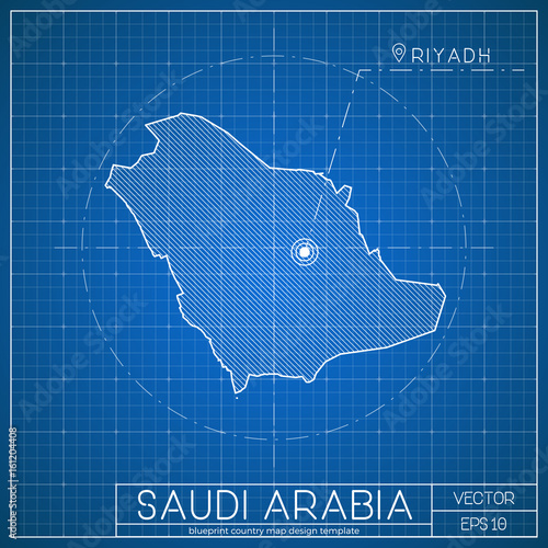 Saudi Arabia blueprint map template with capital city, Riyadh marked on blueprint Saudi Arabian map. Vector illustration.