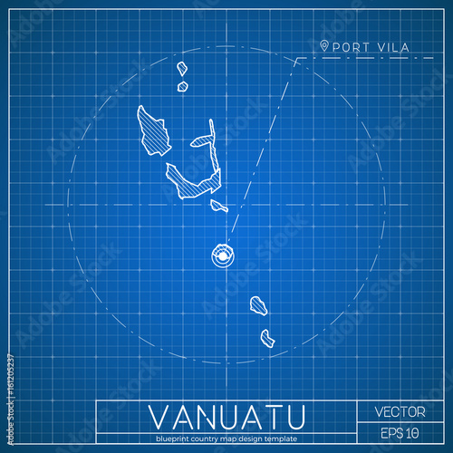 Vanuatu blueprint map template with capital city. Port Vila marked on blueprint Ni-Vanuatu map. Vector illustration.
