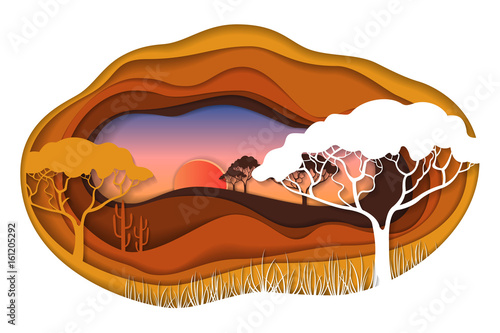 Paper art carving of African landscape.