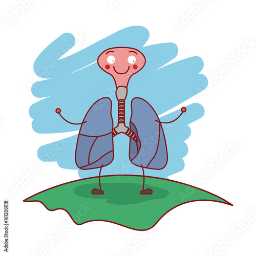 colorful scene in grass with silhouette caricature respiratory system with windpipe vector illustration