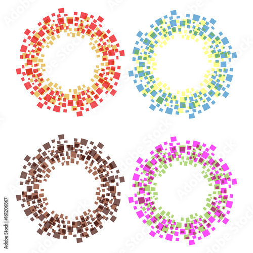 Abstract geometric circular frames made of squares. Four circles of brown, red, blue and pink on a white background. vector illustration.