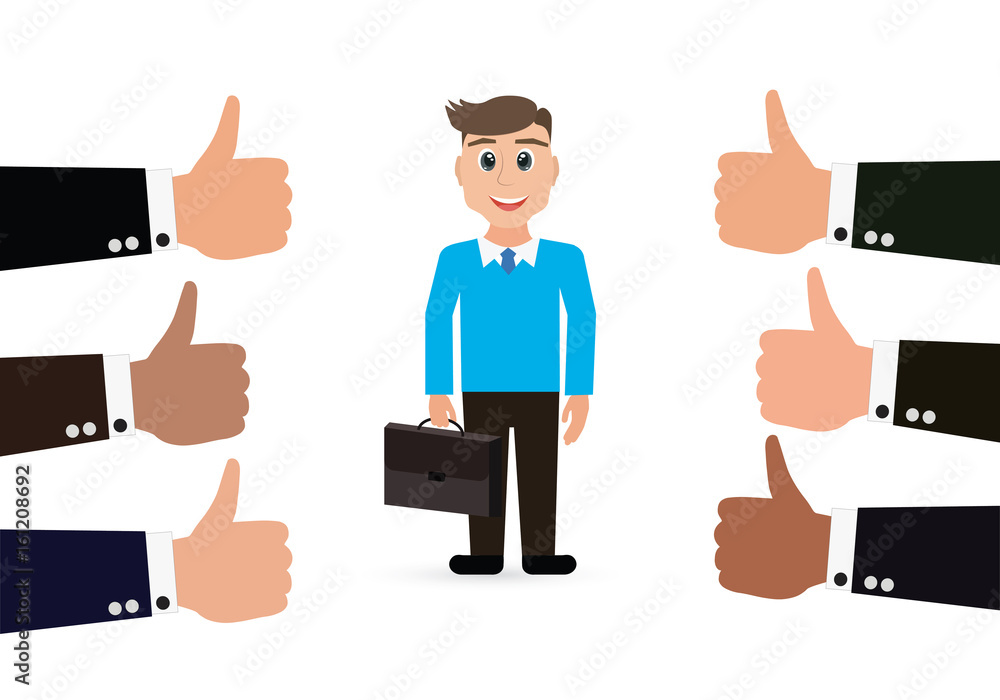Happy businessman and many hands with thumbs up. Likes and positive feedback concept. Creative vector illustration Happy businessman and many hands with thumbs up. Likes and positive feedback concept. Creative vector illustration