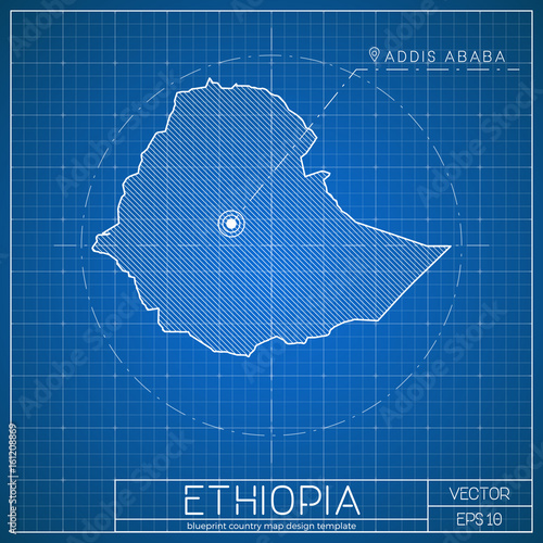 Ethiopia blueprint map template with capital city. Addis Ababa marked on blueprint Ethiopian map. Vector illustration.