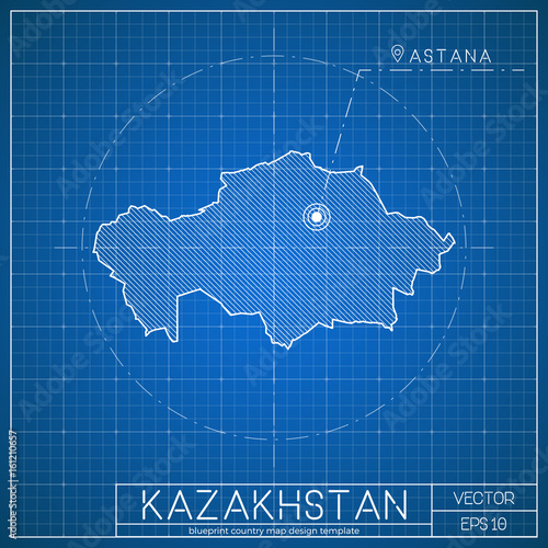 Kazakhstan blueprint map template with capital city. Astana marked on blueprint Kazakhstani map. Vector illustration.