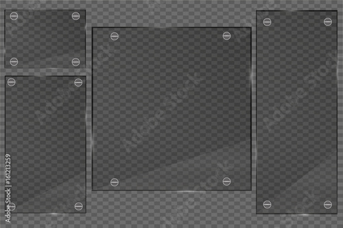 Glass plates set. Vector glass banners on transparent background.