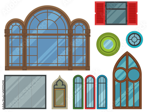 Different types house windows elements flat style frames construction decoration apartment vector illustration.