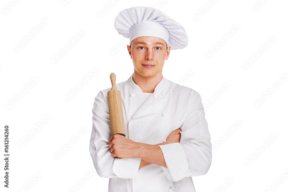 Chef isolated over white background with dough. Chef isolated over white background with dough.