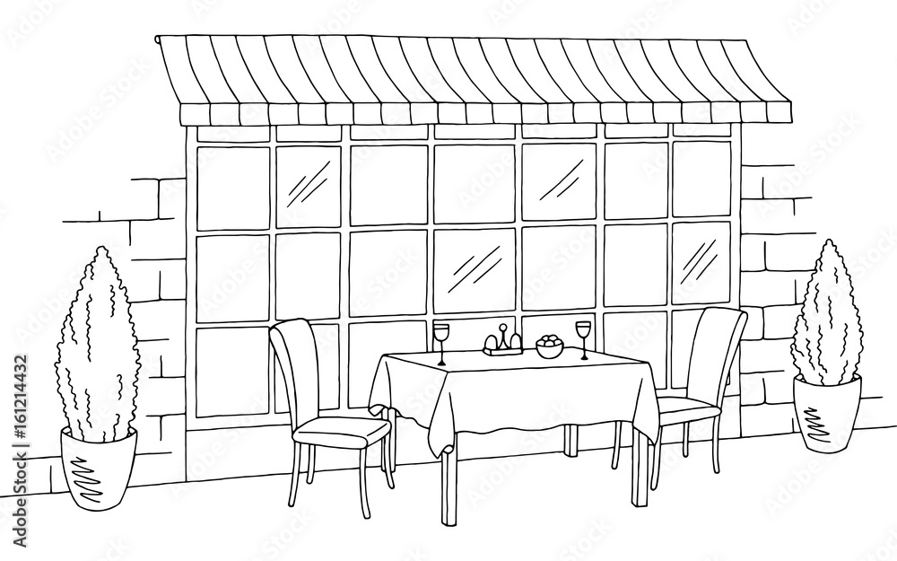 Street cafe graphic black white sketch illustration vector