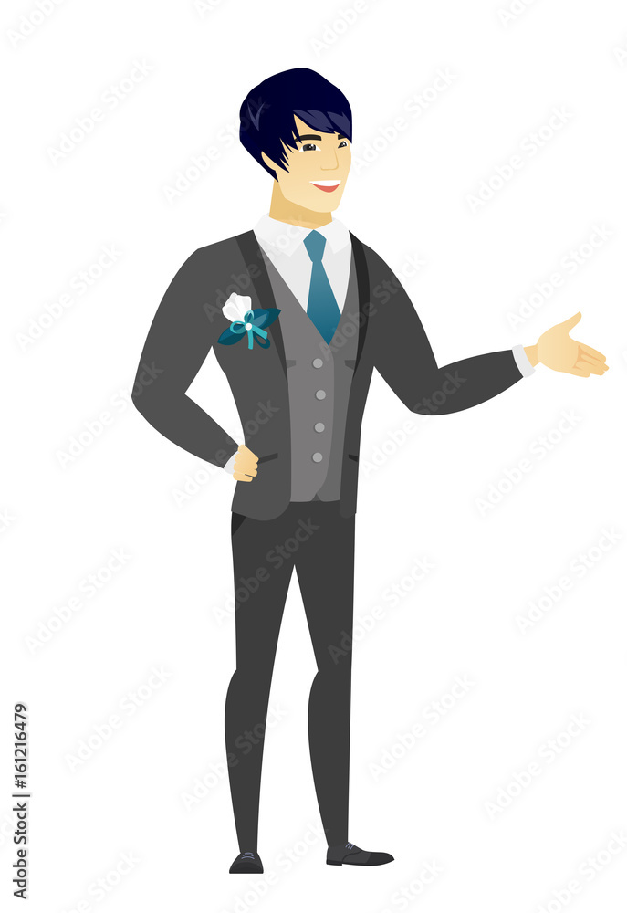Groom with arm out in a welcoming gesture. Groom with arm out in a welcoming gesture.