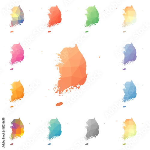 South Korea geometric polygonal, mosaic style maps collection. Bright abstract tessellation, low poly style, modern design. South Korea polygonal maps for your infographics or presentation.