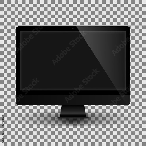 Vector monoblock computer with black screen. Isolated on transparent background.