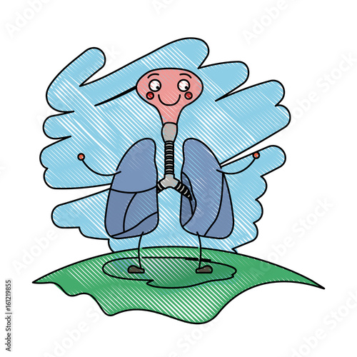 color crayon scene in grass with silhouette caricature respiratory system with windpipe vector illustration