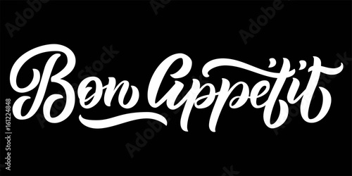 Bon Appetit hand lettering, vintage brush typography, custom writing isolated on black background. Vector illustration.