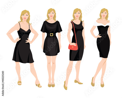 Vector illustration of young women in different models of little black dress. Blondy girl in different pose on white background