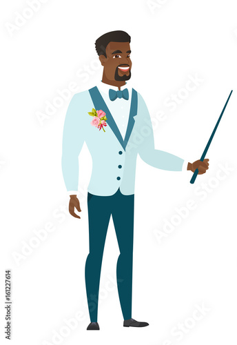 African-american groom holding pointer stick.