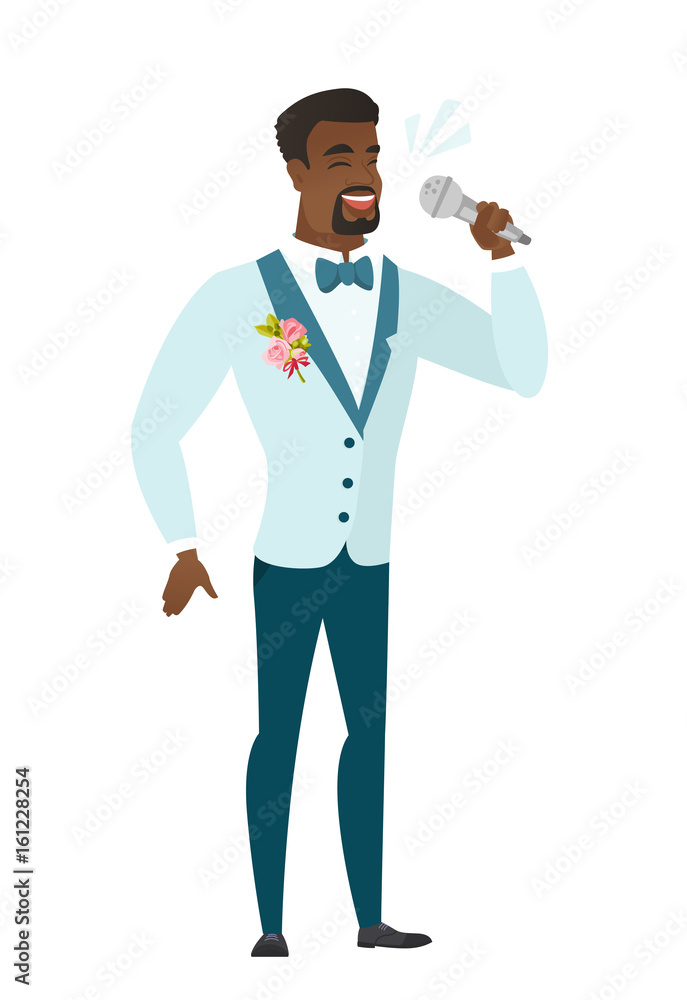 African-american groom singing to the microphone.