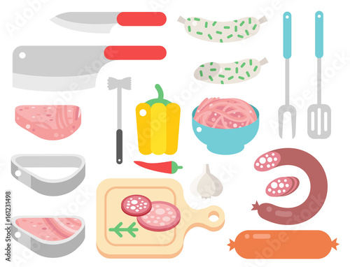 Meat products ingredient and rustic elements preparation equipment food flat vector illustration.