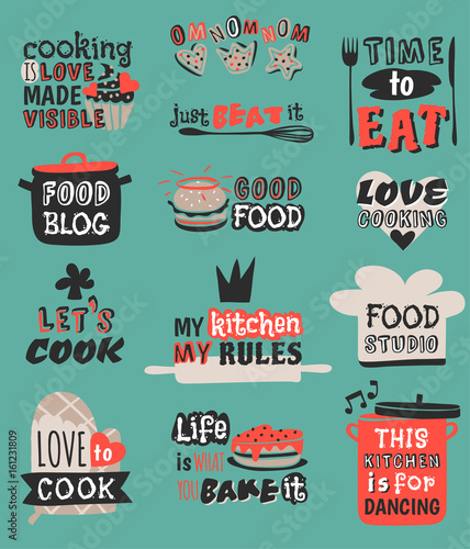 Food logotype restaurant vintage design cooking quote text phrases badge label icon and hand drawn stamp retro template vector illustration.