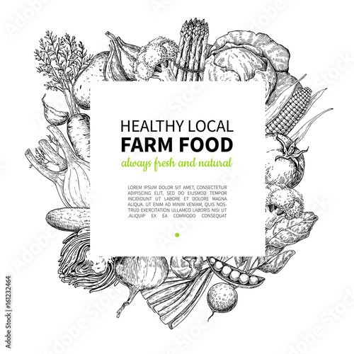 Vegetable hand drawn vintage vector frame illustration. Farm Market poster.