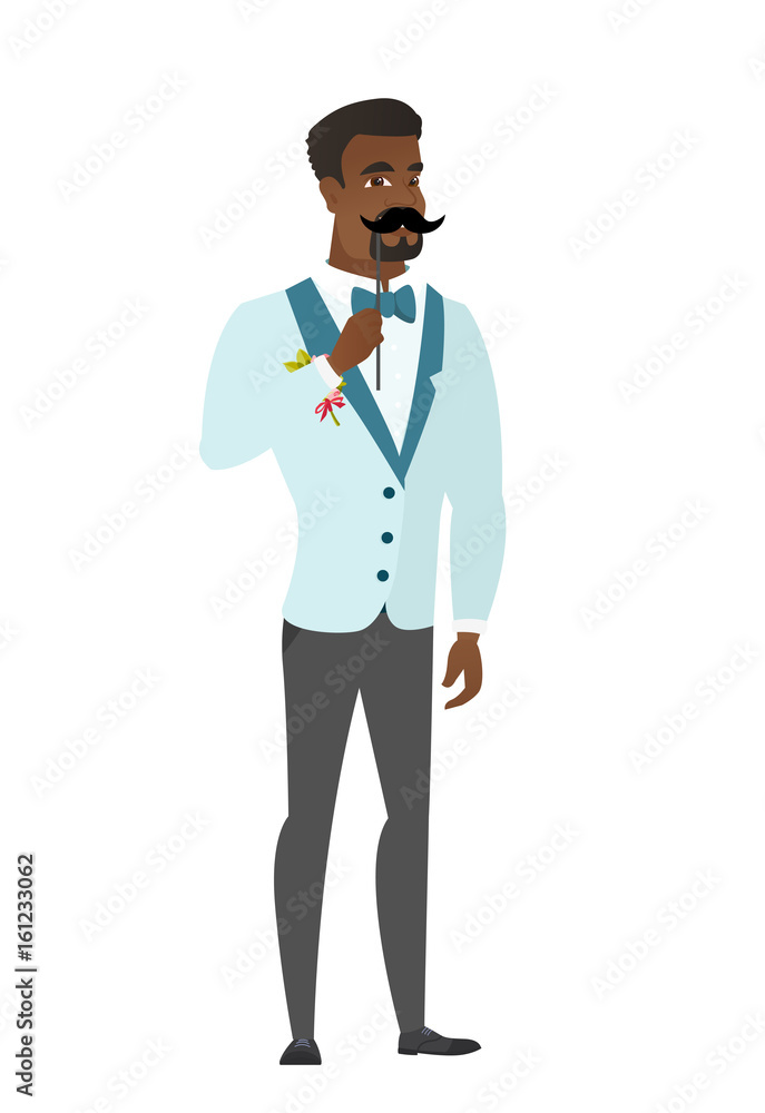 Cheerful groom with a fake mustache. Cheerful groom with a fake mustache.